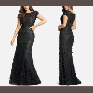 NEW $598 Mac Duggal [ 4 ] Floral Appliqué Boat Neck Short Sleeve Gown Black Q546